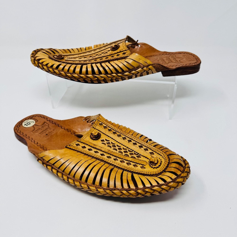 Unbranded Huarache Mule Womens 10.5 Tan Leather Woven Slide Flat Boho Sandal